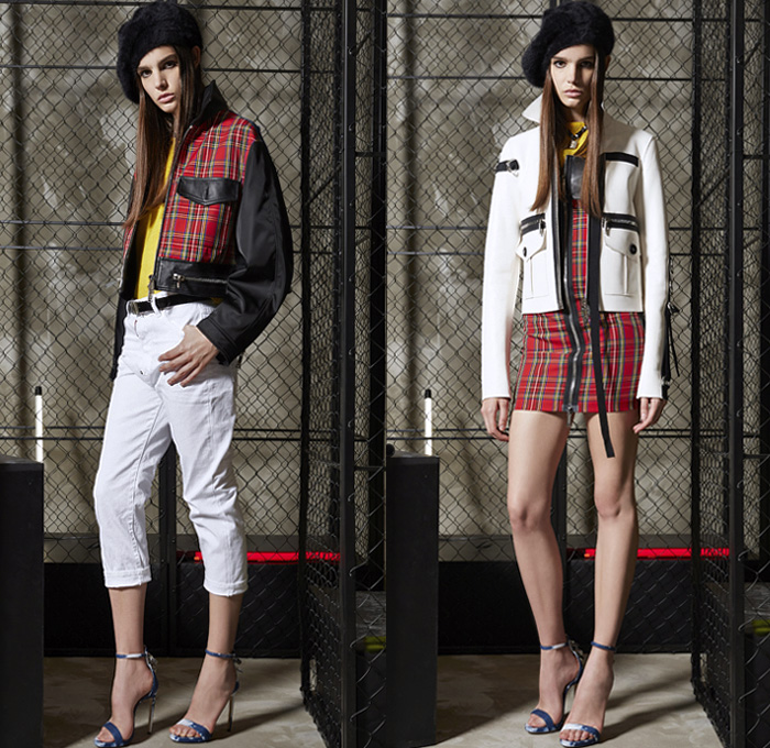 Dsquared2 2019 Resort Cruise Pre-Spring Womens Lookbook Presentation - Sophisticated Punk Rock Screen Print Graphic Newspaper Portrait Zippers Mesh Straps Belts Lace Knit Plaid Tartan Check Studs Coat Bomber Utility Jacket Fatigues Blazerdress Satin Sleepwear Lounge Shirtdress Pointed Shoulders Strapless Wide Leg Palazzo Pants Tights Fishnet Miniskirt Bodycon Dress Onesie Jumpsuit Cargo Pockets Shorts Denim Jeans Bleached Padlock Necklace Handbag Purse Clutch Stilettos Beret Canteen Bag