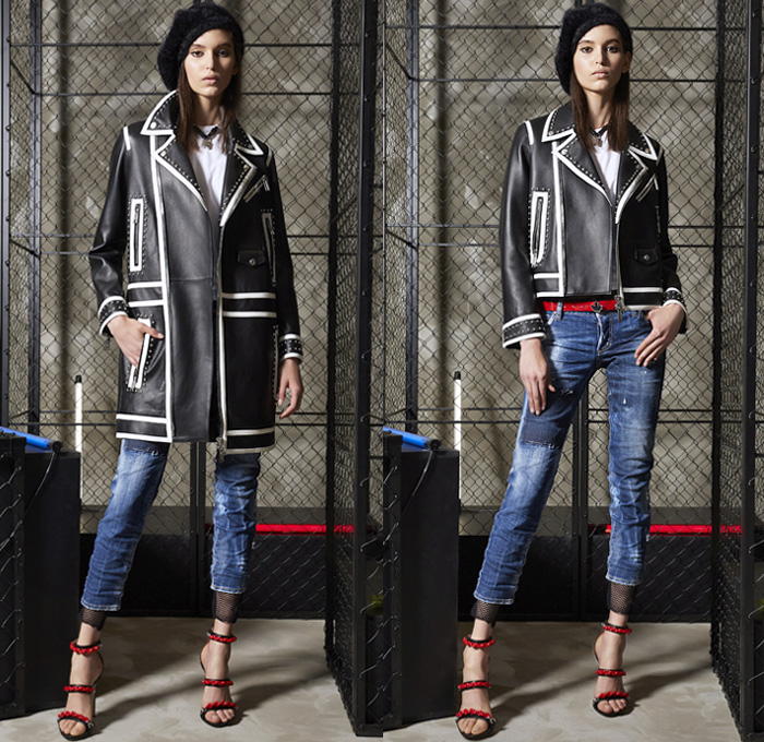 Dsquared2 2019 Resort Cruise Pre-Spring Womens Lookbook Presentation - Sophisticated Punk Rock Screen Print Graphic Newspaper Portrait Zippers Mesh Straps Belts Lace Knit Plaid Tartan Check Studs Coat Bomber Utility Jacket Fatigues Blazerdress Satin Sleepwear Lounge Shirtdress Pointed Shoulders Strapless Wide Leg Palazzo Pants Tights Fishnet Miniskirt Bodycon Dress Onesie Jumpsuit Cargo Pockets Shorts Denim Jeans Bleached Padlock Necklace Handbag Purse Clutch Stilettos Beret Canteen Bag