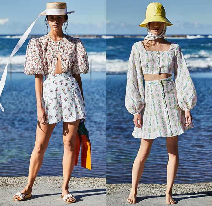 Emilia Wickstead x MatchesFashion Capsule Holiday Collection 2019 Resort Cruise Pre-Spring Womens Lookbook Presentation - Mercedes-Benz Fashion Week Sydney Australia - 1930s Thirties Swimwear Swimsuit Monokini Swim Cap Romper Onesie Unitard Cotton Prints Flowers Floral Lace Up Drawstring Sash Ruffles Halterneck Collar Maxi Dress Poufy Shoulders Leg O'Mutton Sleeves Crop Top Midriff Capelet Tabard V-Neck One Shoulder Shorts Skirt Straw Hat Slippers Silk Satin Scarf Fisherman Bucket Hat