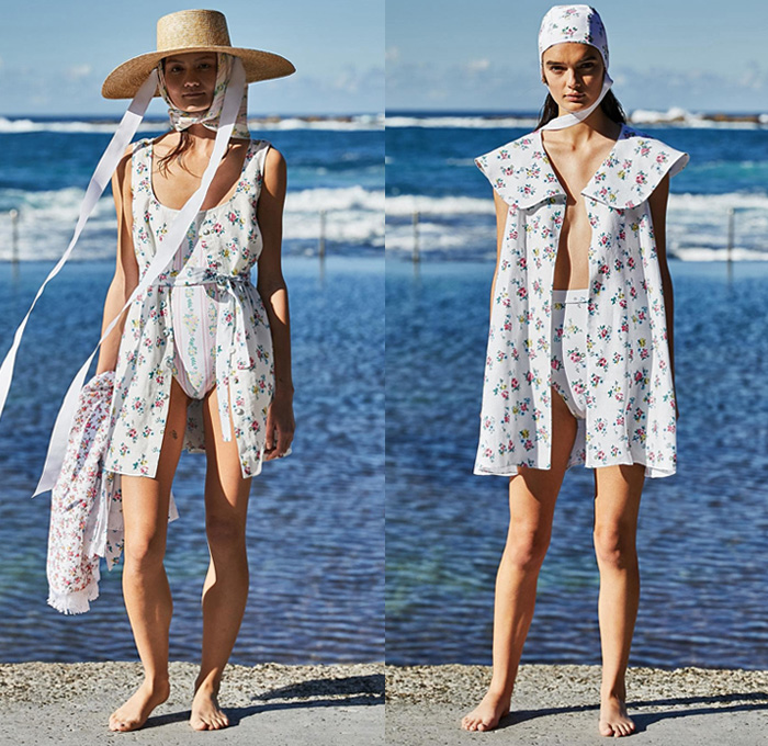 Emilia Wickstead x MatchesFashion Capsule Holiday Collection 2019 Resort Cruise Pre-Spring Womens Lookbook Presentation - Mercedes-Benz Fashion Week Sydney Australia - 1930s Thirties Swimwear Swimsuit Monokini Swim Cap Romper Onesie Unitard Cotton Prints Flowers Floral Lace Up Drawstring Sash Ruffles Halterneck Collar Maxi Dress Poufy Shoulders Leg O'Mutton Sleeves Crop Top Midriff Capelet Tabard V-Neck One Shoulder Shorts Skirt Straw Hat Slippers Silk Satin Scarf Fisherman Bucket Hat