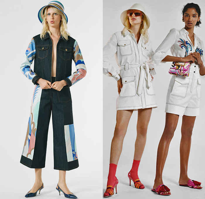 Emilio Pucci 2019 Resort Cruise Pre-Spring Womens Lookbook Presentation - Mexico Tropical Sundress Salsa Raffia Fringes Caftan Leaves Palm Trees Stripes Knit Embroidery Bedazzled Sequins Lace Butterfly Front Cinch Pleats Trench Coat Blouse Poufy Shoulders Swimwear Monokini Bikini Top Noodle Strap Dress Denim Jeans Combo Culottes Contrast Stitching Shorts Cargo Pockets Wide Leg Palazzo Pants Miniskirt Silk Scarf Straw Bucket Hat Kitten Heels Crossbody Bucket Bag Socks Heels Slippers Tassels