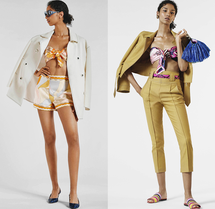 Emilio Pucci 2019 Resort Cruise Pre-Spring Womens Lookbook Presentation - Mexico Tropical Sundress Salsa Raffia Fringes Caftan Leaves Palm Trees Stripes Knit Embroidery Bedazzled Sequins Lace Butterfly Front Cinch Pleats Trench Coat Blouse Poufy Shoulders Swimwear Monokini Bikini Top Noodle Strap Dress Denim Jeans Combo Culottes Contrast Stitching Shorts Cargo Pockets Wide Leg Palazzo Pants Miniskirt Silk Scarf Straw Bucket Hat Kitten Heels Crossbody Bucket Bag Socks Heels Slippers Tassels