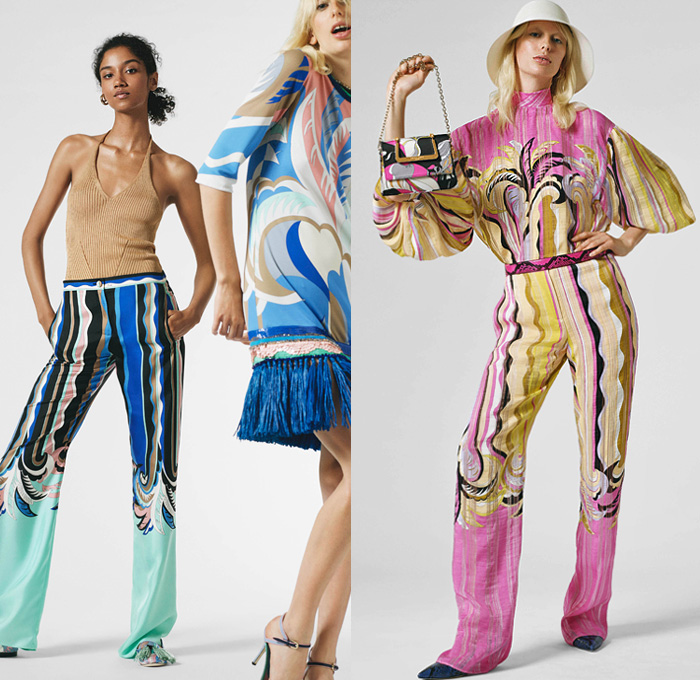 Emilio Pucci 2019 Resort Cruise Pre-Spring Womens Lookbook Presentation - Mexico Tropical Sundress Salsa Raffia Fringes Caftan Leaves Palm Trees Stripes Knit Embroidery Bedazzled Sequins Lace Butterfly Front Cinch Pleats Trench Coat Blouse Poufy Shoulders Swimwear Monokini Bikini Top Noodle Strap Dress Denim Jeans Combo Culottes Contrast Stitching Shorts Cargo Pockets Wide Leg Palazzo Pants Miniskirt Silk Scarf Straw Bucket Hat Kitten Heels Crossbody Bucket Bag Socks Heels Slippers Tassels