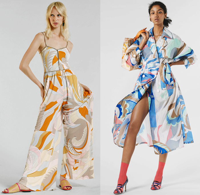 Emilio Pucci 2019 Resort Cruise Pre-Spring Womens Lookbook Presentation - Mexico Tropical Sundress Salsa Raffia Fringes Caftan Leaves Palm Trees Stripes Knit Embroidery Bedazzled Sequins Lace Butterfly Front Cinch Pleats Trench Coat Blouse Poufy Shoulders Swimwear Monokini Bikini Top Noodle Strap Dress Denim Jeans Combo Culottes Contrast Stitching Shorts Cargo Pockets Wide Leg Palazzo Pants Miniskirt Silk Scarf Straw Bucket Hat Kitten Heels Crossbody Bucket Bag Socks Heels Slippers Tassels