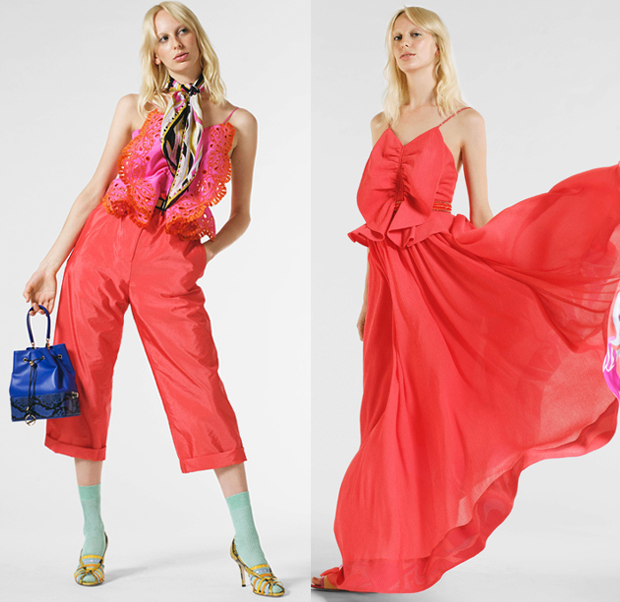 Emilio Pucci 2019 Resort Cruise Pre-Spring Womens Lookbook Presentation - Mexico Tropical Sundress Salsa Raffia Fringes Caftan Leaves Palm Trees Stripes Knit Embroidery Bedazzled Sequins Lace Butterfly Front Cinch Pleats Trench Coat Blouse Poufy Shoulders Swimwear Monokini Bikini Top Noodle Strap Dress Denim Jeans Combo Culottes Contrast Stitching Shorts Cargo Pockets Wide Leg Palazzo Pants Miniskirt Silk Scarf Straw Bucket Hat Kitten Heels Crossbody Bucket Bag Socks Heels Slippers Tassels