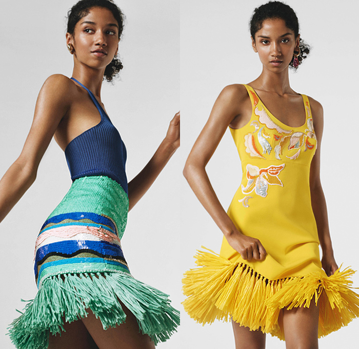 Emilio Pucci 2019 Resort Cruise Pre-Spring Womens Lookbook Presentation - Mexico Tropical Sundress Salsa Raffia Fringes Caftan Leaves Palm Trees Stripes Knit Embroidery Bedazzled Sequins Lace Butterfly Front Cinch Pleats Trench Coat Blouse Poufy Shoulders Swimwear Monokini Bikini Top Noodle Strap Dress Denim Jeans Combo Culottes Contrast Stitching Shorts Cargo Pockets Wide Leg Palazzo Pants Miniskirt Silk Scarf Straw Bucket Hat Kitten Heels Crossbody Bucket Bag Socks Heels Slippers Tassels