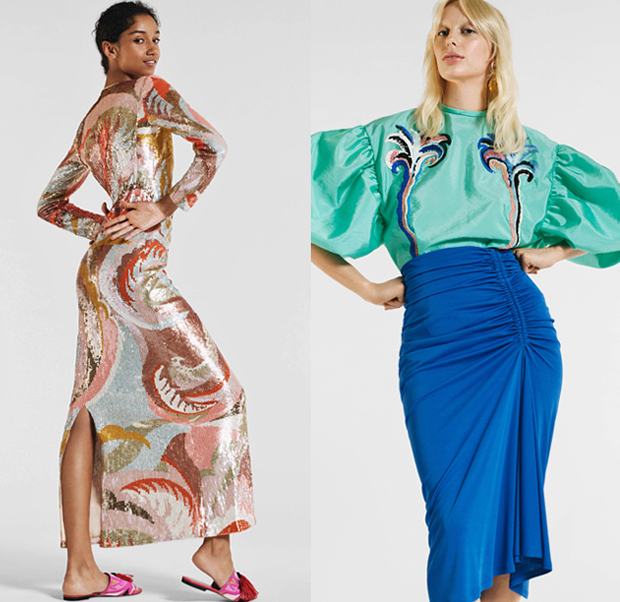 Emilio Pucci 2019 Resort Cruise Pre-Spring Womens Lookbook Presentation - Mexico Tropical Sundress Salsa Raffia Fringes Caftan Leaves Palm Trees Stripes Knit Embroidery Bedazzled Sequins Lace Butterfly Front Cinch Pleats Trench Coat Blouse Poufy Shoulders Swimwear Monokini Bikini Top Noodle Strap Dress Denim Jeans Combo Culottes Contrast Stitching Shorts Cargo Pockets Wide Leg Palazzo Pants Miniskirt Silk Scarf Straw Bucket Hat Kitten Heels Crossbody Bucket Bag Socks Heels Slippers Tassels