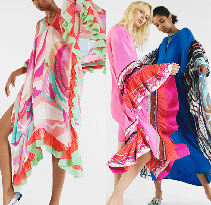 Emilio Pucci 2019 Resort Cruise Pre-Spring Womens Lookbook Presentation - Mexico Tropical Sundress Salsa Raffia Fringes Caftan Leaves Palm Trees Stripes Knit Embroidery Bedazzled Sequins Lace Butterfly Front Cinch Pleats Trench Coat Blouse Poufy Shoulders Swimwear Monokini Bikini Top Noodle Strap Dress Denim Jeans Combo Culottes Contrast Stitching Shorts Cargo Pockets Wide Leg Palazzo Pants Miniskirt Silk Scarf Straw Bucket Hat Kitten Heels Crossbody Bucket Bag Socks Heels Slippers Tassels