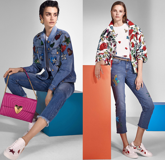 Escada Sport 2019 Resort Cruise Pre-Spring Womens Lookbook Presentation - Denim Jeans Patches Hearts Stars Flowers Floral Embroidery Frayed Bedazzled Sequins Accordion Pleats Mix Prints Silk Satin Ruffles Military Jacket Parka Pantsuit Quilted Puffer Coat Sportswear Athleisure Lace Tracksuit Shirtdress Caftan Turtleneck Knit Sweaterdress Tennis V-Neck Vest Dress Miniskirt Leggings Tuxedo Stripe Shorts Onesie Jumpsuit Crossbody Bag Purse Clutch Brooch Thin Belt Sneakers Platform Heels