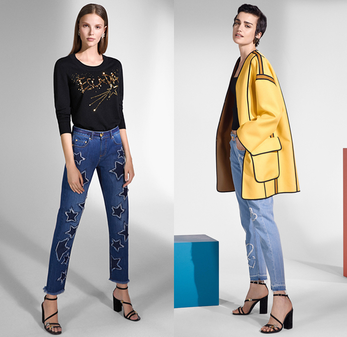 Escada Sport 2019 Resort Cruise Pre-Spring Womens Lookbook Presentation - Denim Jeans Patches Hearts Stars Flowers Floral Embroidery Frayed Bedazzled Sequins Accordion Pleats Mix Prints Silk Satin Ruffles Military Jacket Parka Pantsuit Quilted Puffer Coat Sportswear Athleisure Lace Tracksuit Shirtdress Caftan Turtleneck Knit Sweaterdress Tennis V-Neck Vest Dress Miniskirt Leggings Tuxedo Stripe Shorts Onesie Jumpsuit Crossbody Bag Purse Clutch Brooch Thin Belt Sneakers Platform Heels