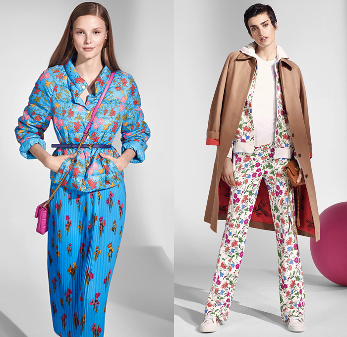 Escada Sport 2019 Resort Cruise Pre-Spring Womens Lookbook Presentation - Denim Jeans Patches Hearts Stars Flowers Floral Embroidery Frayed Bedazzled Sequins Accordion Pleats Mix Prints Silk Satin Ruffles Military Jacket Parka Pantsuit Quilted Puffer Coat Sportswear Athleisure Lace Tracksuit Shirtdress Caftan Turtleneck Knit Sweaterdress Tennis V-Neck Vest Dress Miniskirt Leggings Tuxedo Stripe Shorts Onesie Jumpsuit Crossbody Bag Purse Clutch Brooch Thin Belt Sneakers Platform Heels