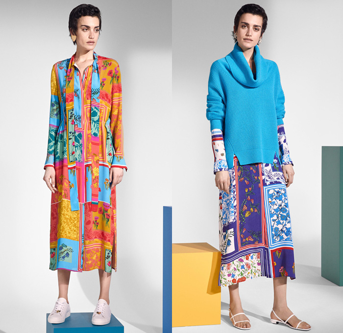 Escada Sport 2019 Resort Cruise Pre-Spring Womens Lookbook Presentation - Denim Jeans Patches Hearts Stars Flowers Floral Embroidery Frayed Bedazzled Sequins Accordion Pleats Mix Prints Silk Satin Ruffles Military Jacket Parka Pantsuit Quilted Puffer Coat Sportswear Athleisure Lace Tracksuit Shirtdress Caftan Turtleneck Knit Sweaterdress Tennis V-Neck Vest Dress Miniskirt Leggings Tuxedo Stripe Shorts Onesie Jumpsuit Crossbody Bag Purse Clutch Brooch Thin Belt Sneakers Platform Heels