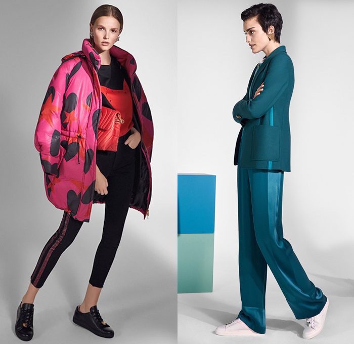 Escada Sport 2019 Resort Cruise Pre-Spring Womens Lookbook Presentation - Denim Jeans Patches Hearts Stars Flowers Floral Embroidery Frayed Bedazzled Sequins Accordion Pleats Mix Prints Silk Satin Ruffles Military Jacket Parka Pantsuit Quilted Puffer Coat Sportswear Athleisure Lace Tracksuit Shirtdress Caftan Turtleneck Knit Sweaterdress Tennis V-Neck Vest Dress Miniskirt Leggings Tuxedo Stripe Shorts Onesie Jumpsuit Crossbody Bag Purse Clutch Brooch Thin Belt Sneakers Platform Heels