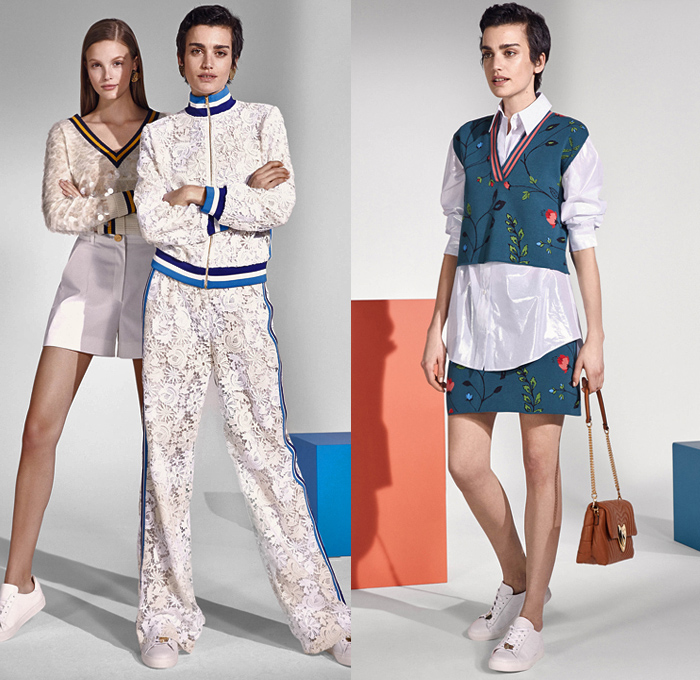 Escada Sport 2019 Resort Cruise Pre-Spring Womens Lookbook Presentation - Denim Jeans Patches Hearts Stars Flowers Floral Embroidery Frayed Bedazzled Sequins Accordion Pleats Mix Prints Silk Satin Ruffles Military Jacket Parka Pantsuit Quilted Puffer Coat Sportswear Athleisure Lace Tracksuit Shirtdress Caftan Turtleneck Knit Sweaterdress Tennis V-Neck Vest Dress Miniskirt Leggings Tuxedo Stripe Shorts Onesie Jumpsuit Crossbody Bag Purse Clutch Brooch Thin Belt Sneakers Platform Heels