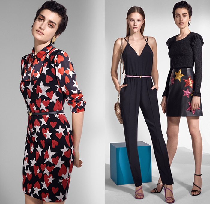 Escada Sport 2019 Resort Cruise Pre-Spring Womens Lookbook Presentation - Denim Jeans Patches Hearts Stars Flowers Floral Embroidery Frayed Bedazzled Sequins Accordion Pleats Mix Prints Silk Satin Ruffles Military Jacket Parka Pantsuit Quilted Puffer Coat Sportswear Athleisure Lace Tracksuit Shirtdress Caftan Turtleneck Knit Sweaterdress Tennis V-Neck Vest Dress Miniskirt Leggings Tuxedo Stripe Shorts Onesie Jumpsuit Crossbody Bag Purse Clutch Brooch Thin Belt Sneakers Platform Heels