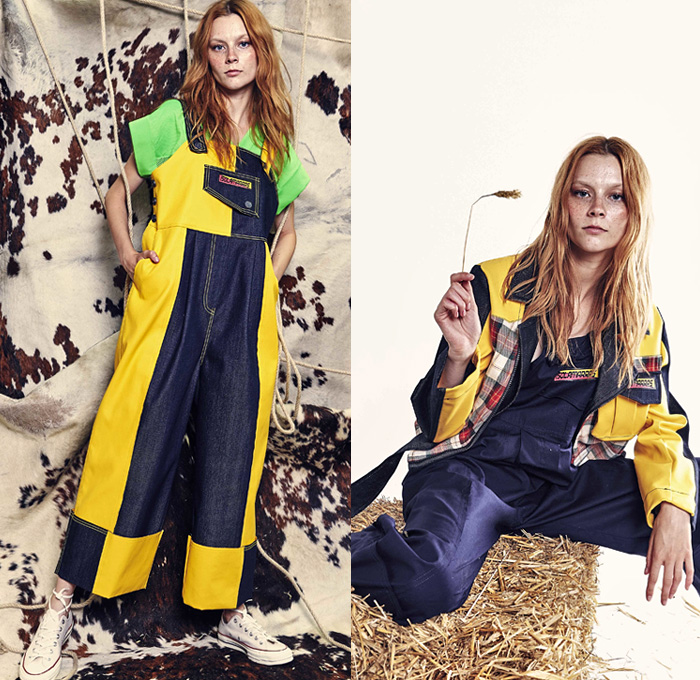 I'm Isola Marras 2019 Resort Cruise Pre-Spring Womens Lookbook Presentation - Workwear Plaid Check Holes Lace Cutwork Ruffles Landscape Bull Carpet Embroidery Flowers Floral Koi Fish Furry Raw Dry Selvedge Denim Jeans Patchwork Vest Onesie Jumpsuit Coveralls Bib Brace Dungarees Parka Blazer Bomber Jacket Hooded Sweatshirt Knit Sweater Crop Top Midriff Bikini Blouse Noodle Strap Dress Wide Leg Shorts Jogger Sweatpants Fanny Pack Waist Pouch Belt Bum Bag Handbag Straps Belts Snakeskin