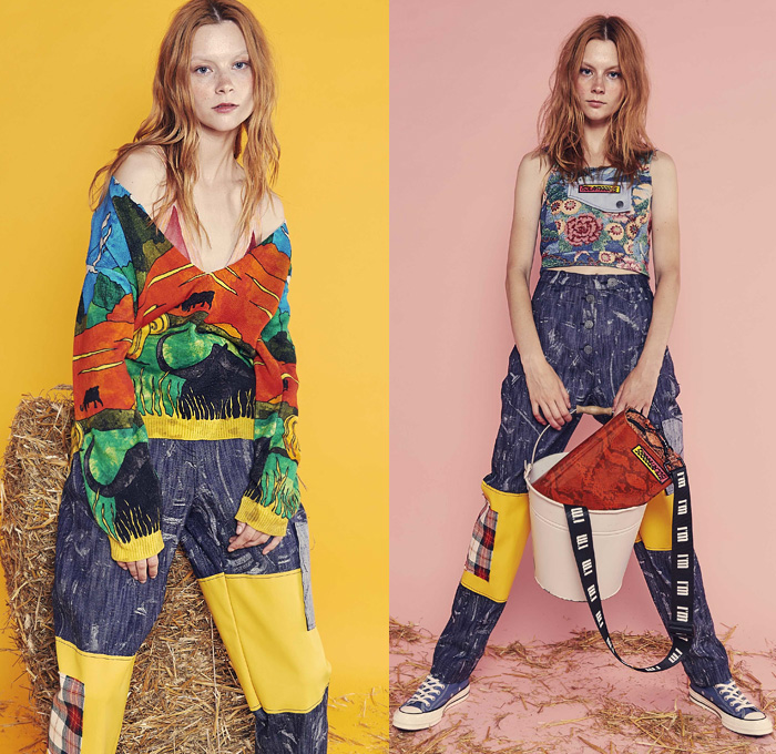 I'm Isola Marras 2019 Resort Cruise Pre-Spring Womens Lookbook Presentation - Workwear Plaid Check Holes Lace Cutwork Ruffles Landscape Bull Carpet Embroidery Flowers Floral Koi Fish Furry Raw Dry Selvedge Denim Jeans Patchwork Vest Onesie Jumpsuit Coveralls Bib Brace Dungarees Parka Blazer Bomber Jacket Hooded Sweatshirt Knit Sweater Crop Top Midriff Bikini Blouse Noodle Strap Dress Wide Leg Shorts Jogger Sweatpants Fanny Pack Waist Pouch Belt Bum Bag Handbag Straps Belts Snakeskin