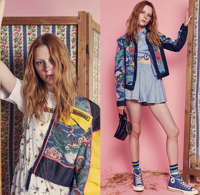 I'm Isola Marras 2019 Resort Cruise Pre-Spring Womens Lookbook Presentation - Workwear Plaid Check Holes Lace Cutwork Ruffles Landscape Bull Carpet Embroidery Flowers Floral Koi Fish Furry Raw Dry Selvedge Denim Jeans Patchwork Vest Onesie Jumpsuit Coveralls Bib Brace Dungarees Parka Blazer Bomber Jacket Hooded Sweatshirt Knit Sweater Crop Top Midriff Bikini Blouse Noodle Strap Dress Wide Leg Shorts Jogger Sweatpants Fanny Pack Waist Pouch Belt Bum Bag Handbag Straps Belts Snakeskin