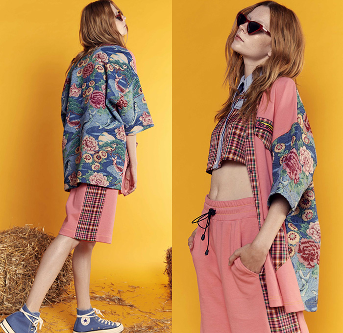 I'm Isola Marras 2019 Resort Cruise Pre-Spring Womens Lookbook Presentation - Workwear Plaid Check Holes Lace Cutwork Ruffles Landscape Bull Carpet Embroidery Flowers Floral Koi Fish Furry Raw Dry Selvedge Denim Jeans Patchwork Vest Onesie Jumpsuit Coveralls Bib Brace Dungarees Parka Blazer Bomber Jacket Hooded Sweatshirt Knit Sweater Crop Top Midriff Bikini Blouse Noodle Strap Dress Wide Leg Shorts Jogger Sweatpants Fanny Pack Waist Pouch Belt Bum Bag Handbag Straps Belts Snakeskin