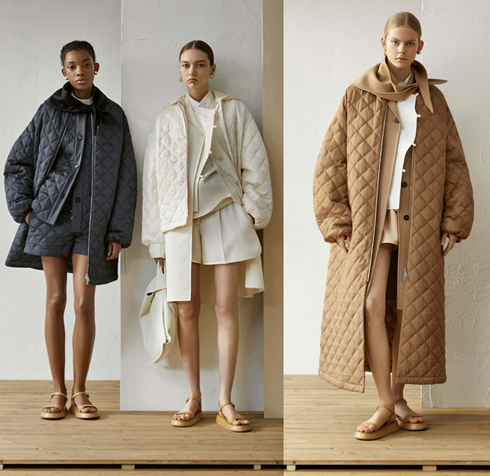 Jil Sander 2019 Resort Cruise Pre-Spring Womens Lookbook Presentation - Minimalist Layers Outerwear Coat Quilted Waffle Puffer Mattress Stripes Elongated Sleeves Tailored Blouse Shirtdress Knit Sweater Turtleneck Vest Wrap Waistband Corset Shapewear Cinch Curved Cutout Waist Grandad Band Collar Fringes Threads Plaid Windowpane Racing Check Mesh Silk Satin Leopard Ruffles Sheer Dress Shorts Handkerchief Hem Skirt Wide Leg Palazzo Pants Sandals Scarf Arm Warmers Handbag Bucket Bag Tote Plastic