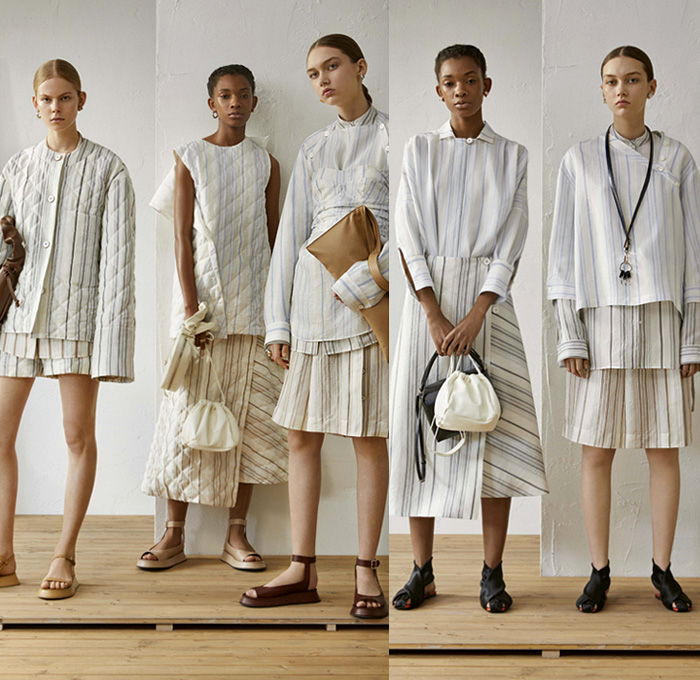 Jil Sander 2019 Resort Cruise Pre-Spring Womens Lookbook Presentation - Minimalist Layers Outerwear Coat Quilted Waffle Puffer Mattress Stripes Elongated Sleeves Tailored Blouse Shirtdress Knit Sweater Turtleneck Vest Wrap Waistband Corset Shapewear Cinch Curved Cutout Waist Grandad Band Collar Fringes Threads Plaid Windowpane Racing Check Mesh Silk Satin Leopard Ruffles Sheer Dress Shorts Handkerchief Hem Skirt Wide Leg Palazzo Pants Sandals Scarf Arm Warmers Handbag Bucket Bag Tote Plastic