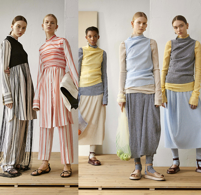 Jil Sander 2019 Resort Cruise Pre-Spring Womens Lookbook Presentation - Minimalist Layers Outerwear Coat Quilted Waffle Puffer Mattress Stripes Elongated Sleeves Tailored Blouse Shirtdress Knit Sweater Turtleneck Vest Wrap Waistband Corset Shapewear Cinch Curved Cutout Waist Grandad Band Collar Fringes Threads Plaid Windowpane Racing Check Mesh Silk Satin Leopard Ruffles Sheer Dress Shorts Handkerchief Hem Skirt Wide Leg Palazzo Pants Sandals Scarf Arm Warmers Handbag Bucket Bag Tote Plastic