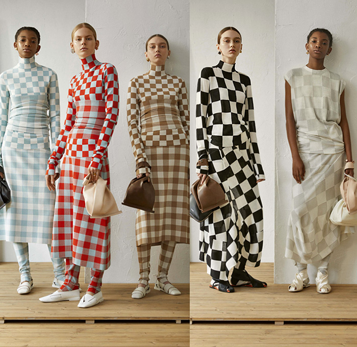 Jil Sander 2019 Resort Cruise Pre-Spring Womens Lookbook Presentation - Minimalist Layers Outerwear Coat Quilted Waffle Puffer Mattress Stripes Elongated Sleeves Tailored Blouse Shirtdress Knit Sweater Turtleneck Vest Wrap Waistband Corset Shapewear Cinch Curved Cutout Waist Grandad Band Collar Fringes Threads Plaid Windowpane Racing Check Mesh Silk Satin Leopard Ruffles Sheer Dress Shorts Handkerchief Hem Skirt Wide Leg Palazzo Pants Sandals Scarf Arm Warmers Handbag Bucket Bag Tote Plastic