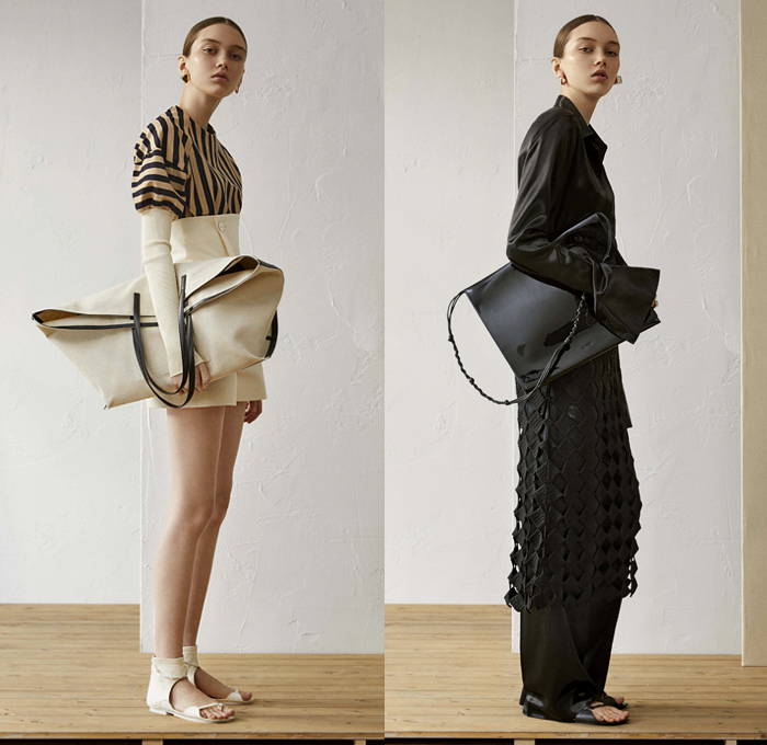 Jil Sander 2019 Resort Cruise Pre-Spring Womens Lookbook Presentation - Minimalist Layers Outerwear Coat Quilted Waffle Puffer Mattress Stripes Elongated Sleeves Tailored Blouse Shirtdress Knit Sweater Turtleneck Vest Wrap Waistband Corset Shapewear Cinch Curved Cutout Waist Grandad Band Collar Fringes Threads Plaid Windowpane Racing Check Mesh Silk Satin Leopard Ruffles Sheer Dress Shorts Handkerchief Hem Skirt Wide Leg Palazzo Pants Sandals Scarf Arm Warmers Handbag Bucket Bag Tote Plastic