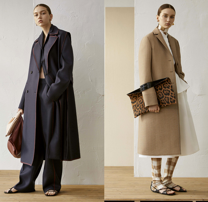 Jil Sander 2019 Resort Cruise Pre-Spring Womens Lookbook Presentation - Minimalist Layers Outerwear Coat Quilted Waffle Puffer Mattress Stripes Elongated Sleeves Tailored Blouse Shirtdress Knit Sweater Turtleneck Vest Wrap Waistband Corset Shapewear Cinch Curved Cutout Waist Grandad Band Collar Fringes Threads Plaid Windowpane Racing Check Mesh Silk Satin Leopard Ruffles Sheer Dress Shorts Handkerchief Hem Skirt Wide Leg Palazzo Pants Sandals Scarf Arm Warmers Handbag Bucket Bag Tote Plastic