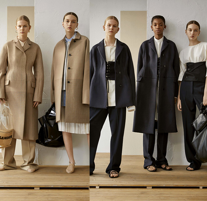 Jil Sander 2019 Resort Cruise Pre-Spring Womens Lookbook Presentation - Minimalist Layers Outerwear Coat Quilted Waffle Puffer Mattress Stripes Elongated Sleeves Tailored Blouse Shirtdress Knit Sweater Turtleneck Vest Wrap Waistband Corset Shapewear Cinch Curved Cutout Waist Grandad Band Collar Fringes Threads Plaid Windowpane Racing Check Mesh Silk Satin Leopard Ruffles Sheer Dress Shorts Handkerchief Hem Skirt Wide Leg Palazzo Pants Sandals Scarf Arm Warmers Handbag Bucket Bag Tote Plastic