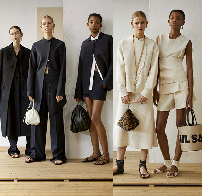 Jil Sander 2019 Resort Cruise Pre-Spring Womens Lookbook Presentation - Minimalist Layers Outerwear Coat Quilted Waffle Puffer Mattress Stripes Elongated Sleeves Tailored Blouse Shirtdress Knit Sweater Turtleneck Vest Wrap Waistband Corset Shapewear Cinch Curved Cutout Waist Grandad Band Collar Fringes Threads Plaid Windowpane Racing Check Mesh Silk Satin Leopard Ruffles Sheer Dress Shorts Handkerchief Hem Skirt Wide Leg Palazzo Pants Sandals Scarf Arm Warmers Handbag Bucket Bag Tote Plastic