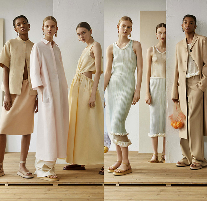 Jil Sander 2019 Resort Cruise Pre-Spring Womens Lookbook Presentation - Minimalist Layers Outerwear Coat Quilted Waffle Puffer Mattress Stripes Elongated Sleeves Tailored Blouse Shirtdress Knit Sweater Turtleneck Vest Wrap Waistband Corset Shapewear Cinch Curved Cutout Waist Grandad Band Collar Fringes Threads Plaid Windowpane Racing Check Mesh Silk Satin Leopard Ruffles Sheer Dress Shorts Handkerchief Hem Skirt Wide Leg Palazzo Pants Sandals Scarf Arm Warmers Handbag Bucket Bag Tote Plastic