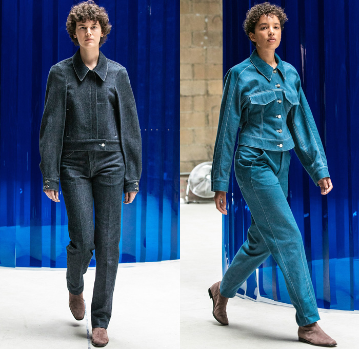 Lorod 2019 Resort Cruise Pre-Spring Womens Runway Catwalk Looks Collection - Denim Jeans Twill Oversleeve Trucker Jacket Contrast Stitching Tapered Outerwear Coat Shiny Coated Plastic Belted Waist Blazer Sleeveless Vest Waistcoat Long Sleeve Shirt Blouse Shirtdress Wool Fleece Knit Mesh Fishnet Crochet Cinch Frayed Raw Hem Asymmetrical Angled Cargo Pockets High Slit Skirt Pleats Maxi Dress Canister Sleeve Tote Bag Manolo Blahnik Boots