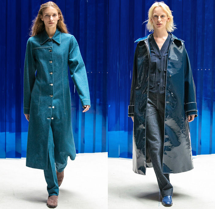 Lorod 2019 Resort Cruise Pre-Spring Womens Runway Catwalk Looks Collection - Denim Jeans Twill Oversleeve Trucker Jacket Contrast Stitching Tapered Outerwear Coat Shiny Coated Plastic Belted Waist Blazer Sleeveless Vest Waistcoat Long Sleeve Shirt Blouse Shirtdress Wool Fleece Knit Mesh Fishnet Crochet Cinch Frayed Raw Hem Asymmetrical Angled Cargo Pockets High Slit Skirt Pleats Maxi Dress Canister Sleeve Tote Bag Manolo Blahnik Boots