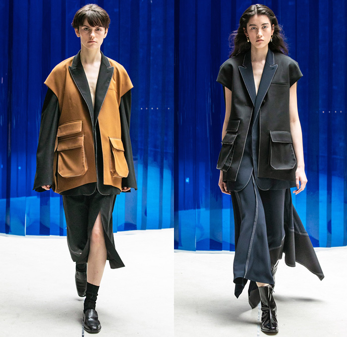 Lorod 2019 Resort Cruise Pre-Spring Womens Runway Catwalk Looks Collection - Denim Jeans Twill Oversleeve Trucker Jacket Contrast Stitching Tapered Outerwear Coat Shiny Coated Plastic Belted Waist Blazer Sleeveless Vest Waistcoat Long Sleeve Shirt Blouse Shirtdress Wool Fleece Knit Mesh Fishnet Crochet Cinch Frayed Raw Hem Asymmetrical Angled Cargo Pockets High Slit Skirt Pleats Maxi Dress Canister Sleeve Tote Bag Manolo Blahnik Boots
