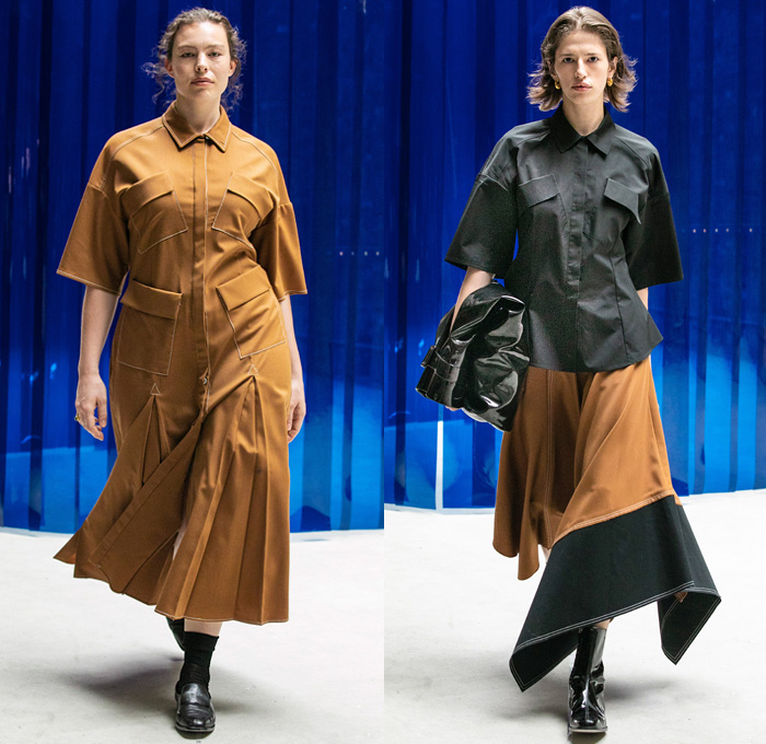 Lorod 2019 Resort Cruise Pre-Spring Womens Runway Catwalk Looks Collection - Denim Jeans Twill Oversleeve Trucker Jacket Contrast Stitching Tapered Outerwear Coat Shiny Coated Plastic Belted Waist Blazer Sleeveless Vest Waistcoat Long Sleeve Shirt Blouse Shirtdress Wool Fleece Knit Mesh Fishnet Crochet Cinch Frayed Raw Hem Asymmetrical Angled Cargo Pockets High Slit Skirt Pleats Maxi Dress Canister Sleeve Tote Bag Manolo Blahnik Boots