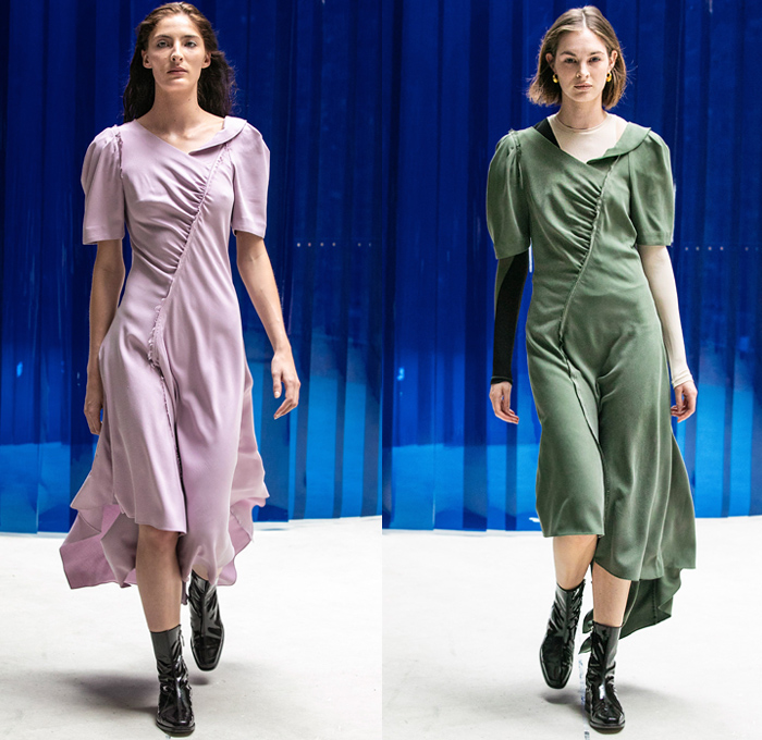 Lorod 2019 Resort Cruise Pre-Spring Womens Runway Catwalk Looks Collection - Denim Jeans Twill Oversleeve Trucker Jacket Contrast Stitching Tapered Outerwear Coat Shiny Coated Plastic Belted Waist Blazer Sleeveless Vest Waistcoat Long Sleeve Shirt Blouse Shirtdress Wool Fleece Knit Mesh Fishnet Crochet Cinch Frayed Raw Hem Asymmetrical Angled Cargo Pockets High Slit Skirt Pleats Maxi Dress Canister Sleeve Tote Bag Manolo Blahnik Boots