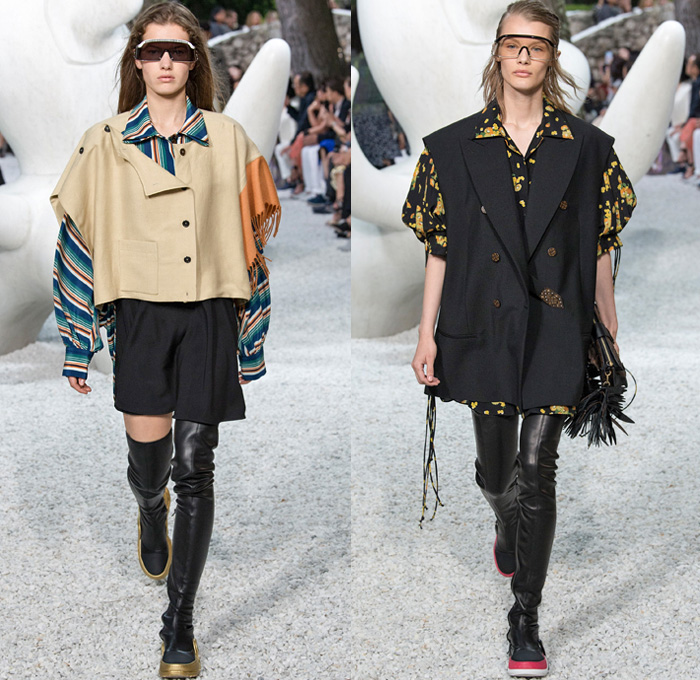 Louis Vuitton 2019 Resort Cruise Pre-Spring Womens Runway Catwalk Looks Collection French Riviera - Denim Jeans Jacket Acid Wash Illustration Silk Satin Fringes Plaid Racing Check Fur Tribal Pleats Bedazzled Crystals Studs Mesh Fishnet Stripes Ruffles Dots Flowers Floral Sheer Chiffon Lace Leopard Robe Coated Parka Kimono Wrap Hanging Sleeve Slit Knit Sweater Vest Asymmetrical Bikini Top Lingerie Noodle Strap Tie Up Waist Capelet Dress Shorts Handbag Thigh High Boots Cowboy Hat Safety Glasses