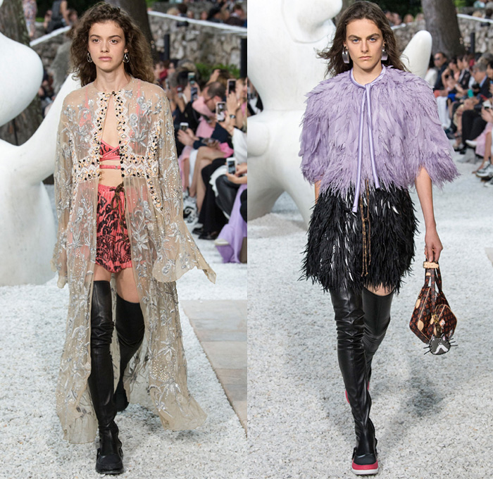 Louis Vuitton 2019 Resort Cruise Pre-Spring Womens Runway Catwalk Looks Collection French Riviera - Denim Jeans Jacket Acid Wash Illustration Silk Satin Fringes Plaid Racing Check Fur Tribal Pleats Bedazzled Crystals Studs Mesh Fishnet Stripes Ruffles Dots Flowers Floral Sheer Chiffon Lace Leopard Robe Coated Parka Kimono Wrap Hanging Sleeve Slit Knit Sweater Vest Asymmetrical Bikini Top Lingerie Noodle Strap Tie Up Waist Capelet Dress Shorts Handbag Thigh High Boots Cowboy Hat Safety Glasses