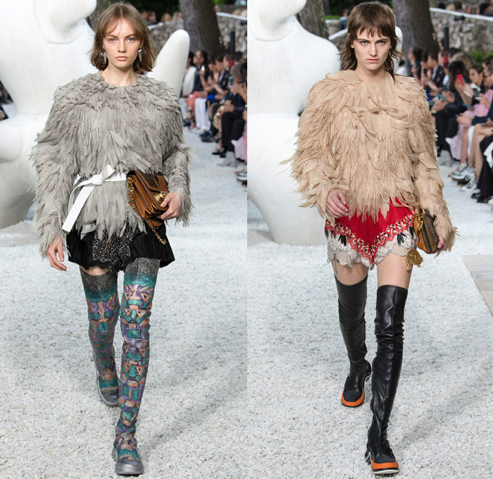 Louis Vuitton 2019 Resort Cruise Pre-Spring Womens Runway Catwalk Looks Collection French Riviera - Denim Jeans Jacket Acid Wash Illustration Silk Satin Fringes Plaid Racing Check Fur Tribal Pleats Bedazzled Crystals Studs Mesh Fishnet Stripes Ruffles Dots Flowers Floral Sheer Chiffon Lace Leopard Robe Coated Parka Kimono Wrap Hanging Sleeve Slit Knit Sweater Vest Asymmetrical Bikini Top Lingerie Noodle Strap Tie Up Waist Capelet Dress Shorts Handbag Thigh High Boots Cowboy Hat Safety Glasses