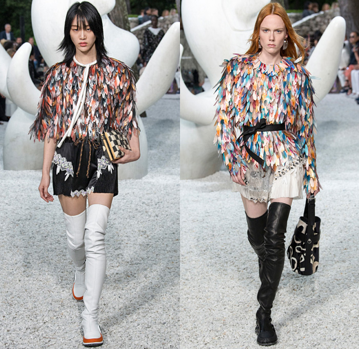 Louis Vuitton 2019 Resort Cruise Pre-Spring Womens Runway Catwalk Looks Collection French Riviera - Denim Jeans Jacket Acid Wash Illustration Silk Satin Fringes Plaid Racing Check Fur Tribal Pleats Bedazzled Crystals Studs Mesh Fishnet Stripes Ruffles Dots Flowers Floral Sheer Chiffon Lace Leopard Robe Coated Parka Kimono Wrap Hanging Sleeve Slit Knit Sweater Vest Asymmetrical Bikini Top Lingerie Noodle Strap Tie Up Waist Capelet Dress Shorts Handbag Thigh High Boots Cowboy Hat Safety Glasses