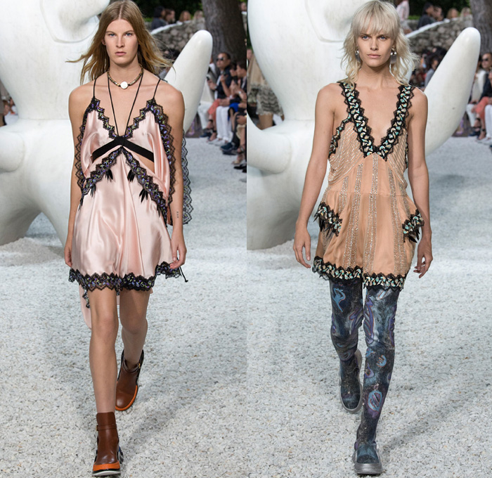 Louis Vuitton 2019 Resort Cruise Pre-Spring Womens Runway Catwalk Looks Collection French Riviera - Denim Jeans Jacket Acid Wash Illustration Silk Satin Fringes Plaid Racing Check Fur Tribal Pleats Bedazzled Crystals Studs Mesh Fishnet Stripes Ruffles Dots Flowers Floral Sheer Chiffon Lace Leopard Robe Coated Parka Kimono Wrap Hanging Sleeve Slit Knit Sweater Vest Asymmetrical Bikini Top Lingerie Noodle Strap Tie Up Waist Capelet Dress Shorts Handbag Thigh High Boots Cowboy Hat Safety Glasses