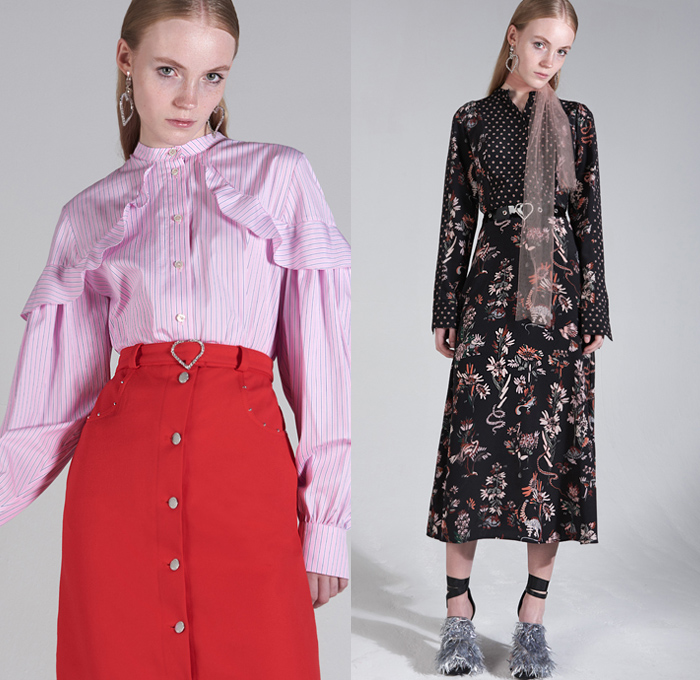 Markus Lupfer 2019 Resort Cruise Pre-Spring Womens Lookbook Presentation - Heart Stars Flowers Floral Plants Animals Birds Snakes Turtles Crane Print Graphic Raw Dry Denim Jeans Drawstring Field Jacket Knit Sweater Pantsuit Long Sleeve Blouse Long Shirt Cinch Waist Lace Up Skirt Over Pants Dress Sheer Tulle Fringes Stripes Ruffles Accordion Pleats Metallic Sheen Belted Waist Scarf Clutch Purse Mesh Fishnet Sack Handbag Shaggy Furry Pumps