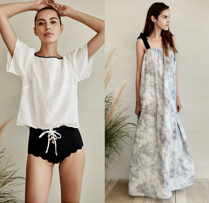 Marysia Reeves 2019 Resort Cruise Pre-Spring Womens Lookbook Presentation - Lace Needlework Broderie Anglaise English Embroidery Abstract Fringes Holes Lace Up Shoelaces Dyed Ruffles Frills Ruche Watercolor Robe Caftan Hooded Jacket Crop Top Midriff Bandeau Shirt Baby Doll Maxi Dress Peplum Asymmetrical Hem Hotpants Swimwear Cover-Up Maillot Bikini Sandals Straw Hat