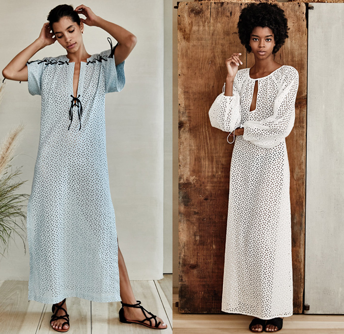 Marysia Reeves 2019 Resort Cruise Pre-Spring Womens Lookbook Presentation - Lace Needlework Broderie Anglaise English Embroidery Abstract Fringes Holes Lace Up Shoelaces Dyed Ruffles Frills Ruche Watercolor Robe Caftan Hooded Jacket Crop Top Midriff Bandeau Shirt Baby Doll Maxi Dress Peplum Asymmetrical Hem Hotpants Swimwear Cover-Up Maillot Bikini Sandals Straw Hat