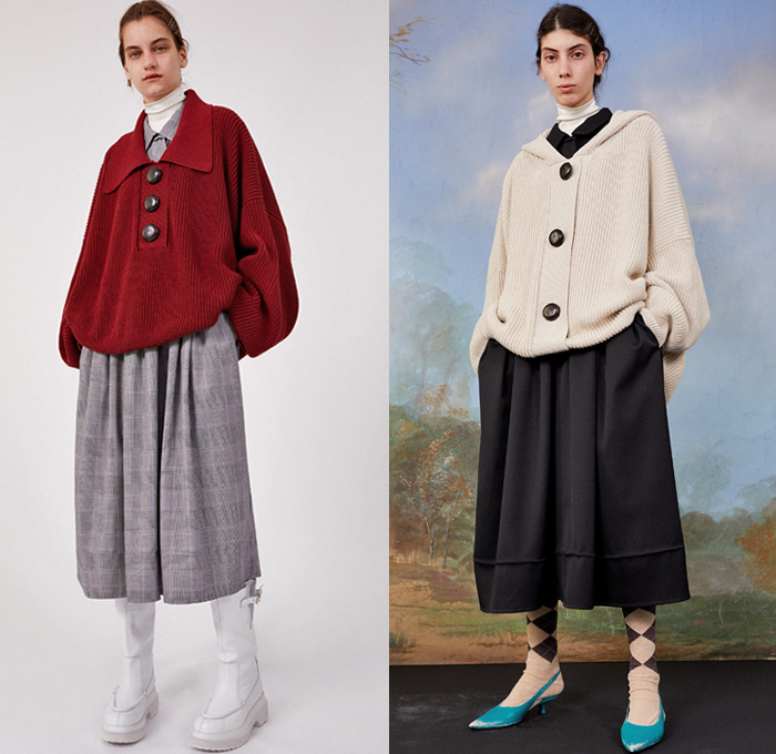 MM6 Maison Margiela 2019 Resort Cruise Pre-Spring Womens Lookbook Presentation - Oversized Kids Childrens Toddler Clothes Nautical Sailor Collar Stripes Lace Drawstring Argyle Plaid Check Corduroy Deconstructed Coat Pantsuit Leather Vest Knit Turtleneck Sweater Cardigan Long Sleeve Blouse Cargo Pockets Flowers Floral Fringes Quilted Puffer Buttons Denim Jeans Knee Panels Contrast Stitching Cropped Wide Leg Palazzo Pants Shorts Skirt Neck Scarf Tie Up Knot Socks Boots Kitten Heels School Shoes