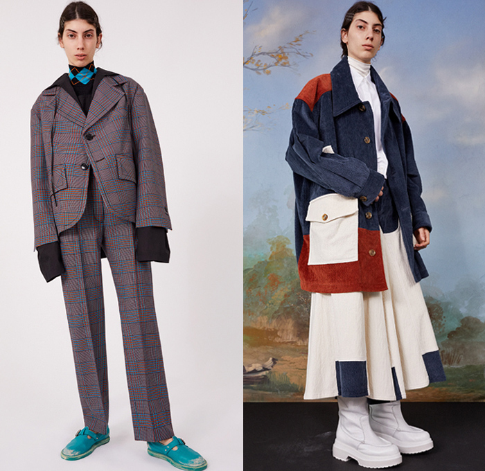 MM6 Maison Margiela 2019 Resort Cruise Pre-Spring Womens Lookbook Presentation - Oversized Kids Childrens Toddler Clothes Nautical Sailor Collar Stripes Lace Drawstring Argyle Plaid Check Corduroy Deconstructed Coat Pantsuit Leather Vest Knit Turtleneck Sweater Cardigan Long Sleeve Blouse Cargo Pockets Flowers Floral Fringes Quilted Puffer Buttons Denim Jeans Knee Panels Contrast Stitching Cropped Wide Leg Palazzo Pants Shorts Skirt Neck Scarf Tie Up Knot Socks Boots Kitten Heels School Shoes