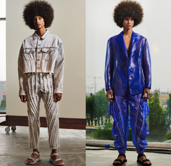 Mugler 2019 Spring Summer Mens Lookbook Presentation - Spiral Fringed Raw Dry Selvedge Bleached Acid Wash Frayed Raw Hem Outerwear Denim Jeans Jacket Crop Top Midriff Sheen Blazer Jacket Paratrooper Parachute Pants Sandals