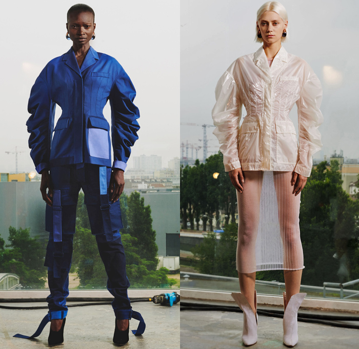 Mugler 2019 Resort Cruise Pre-Spring Womens Lookbook Presentation - Hand Dyed Crêpe Organza Jersey Spiral Fringed Bleached Nylon Rib Pleats Fringes Raw Dry Selvedge Denim Jeans Crop Top Midriff Blazer Jacket Frankenstein Padded Shoulders Cargo Pockets Straps Belts Peplum Mockneck Draped One Shoulder Asymmetrical Maxi Dress Flapper Pencil Skirt Leggings Tights Paratrooper Parachute Pants Slit Boots Sandals Heels