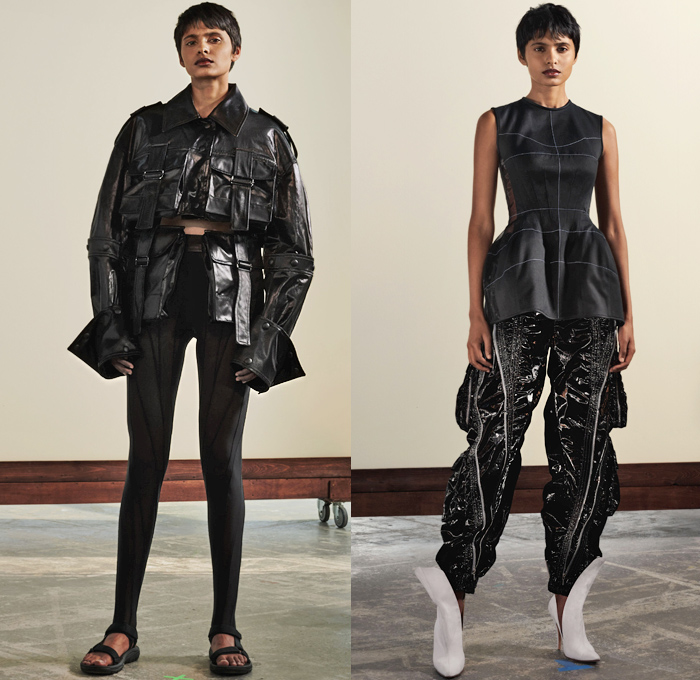 Mugler 2019 Resort Cruise Pre-Spring Womens Lookbook Presentation - Hand Dyed Crêpe Organza Jersey Spiral Fringed Bleached Nylon Rib Pleats Fringes Raw Dry Selvedge Denim Jeans Crop Top Midriff Blazer Jacket Frankenstein Padded Shoulders Cargo Pockets Straps Belts Peplum Mockneck Draped One Shoulder Asymmetrical Maxi Dress Flapper Pencil Skirt Leggings Tights Paratrooper Parachute Pants Slit Boots Sandals Heels